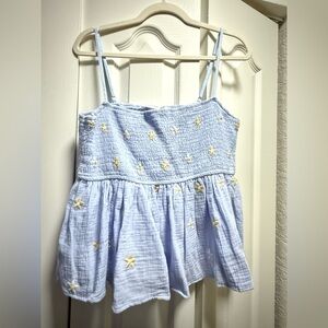 Altar'd State Light Blue Smocked Top with Yellow Embroidery